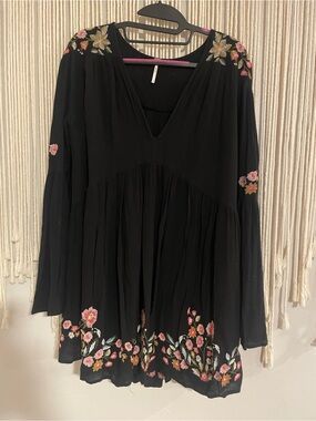 Free People Black Mini Dress with Pink Floral Embroidery